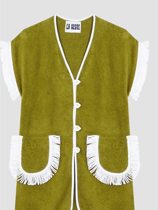 La Veste Dresses & Skirts - Olive Green Mini Dress with White Fringe Sleeves